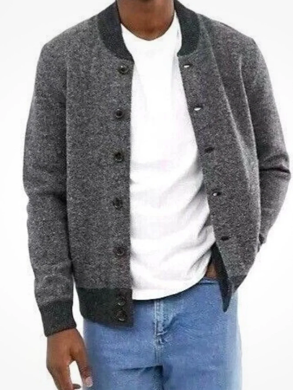 J Crew Bomber Sweater Mens Gray Cardigan 100% Lambswool Charcoal G9128 M READ